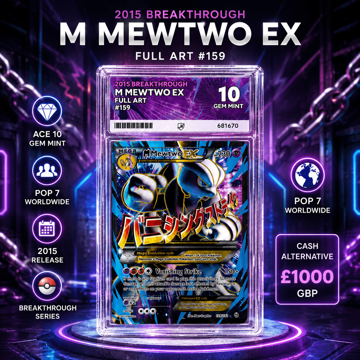 ACE 10 GEM MINT 2015 BREAKTHROUGH M MEWTWO EX - POP 7 POKEMON OR £1000